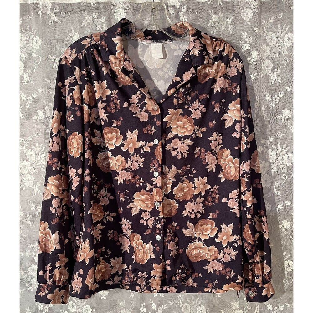 Vintage 70s Floral Blouse Size Large Brown Tan Boho Autumn Fall Long Sleeve Top
